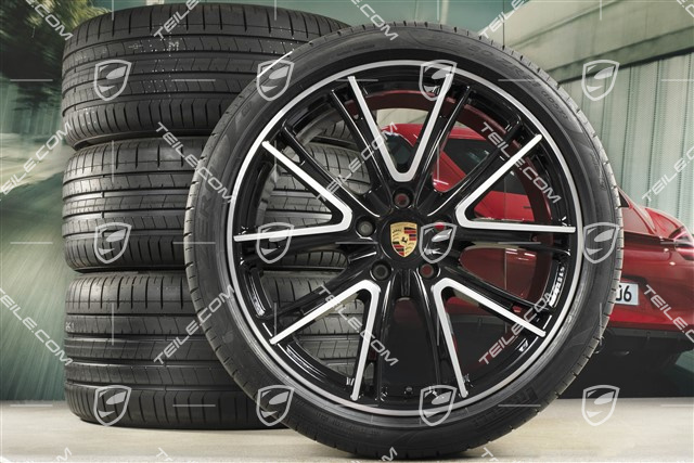21-inch Panamera Exclusive Design summer wheel set, rims 9,5J x 21 ET71 + 11,5J x 21 ET69 + NEW Pirelli summer tires 275/35 ZR21 + 315/30 ZR21, black, with TPM