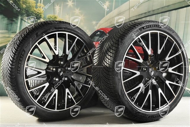 21" Panamera Exclusive Design Koła zimowe, komplet, felgi 9,5J x 21 ET71 + 10,5J x 21 ET71 + NOWE opony zimowe Michelin Pilot Alpin 5 275/35 R21 + 315/30 R21, czarny wysoki połysk