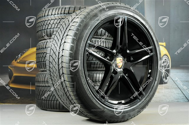 19" koła zimowe, komplet Carrera, felgi 8,5J x 19 ET50 + 11J x 19 ET56 + NOWE opony zimowe Continental WinterContact TS 830P 235/40 R19 + 295/35 R19, nie do samochodów z PCCB + skrętna tylna oś, czarny wysoki połysk
