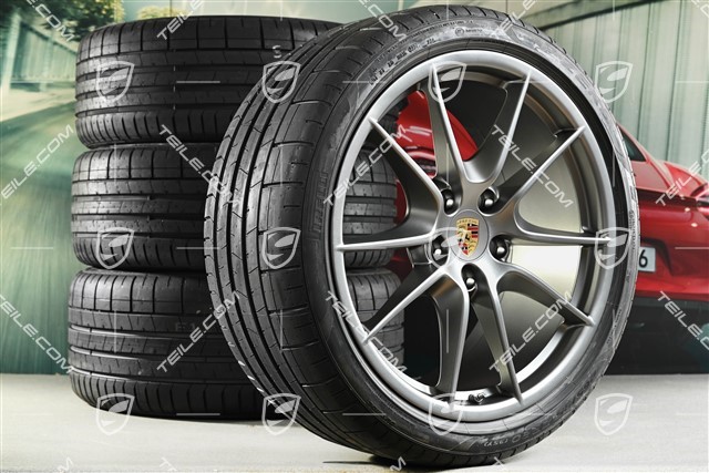 20-inch Carrera S summer wheel set, Platinum (silk gloss), 8J x 20 ET57 + 9,5J x 20 ET45 + NEW Pirelli summer tyres 235/35 ZR20 + 265/35 ZR20, with TPM