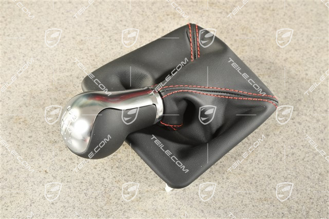 GT3, Shift lever / gear shift knob with leather gaiter / sleeve, 6-speed manual transmission, Black with guards red stitching