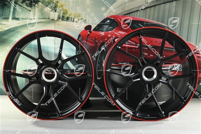20"+21" GT3 Felgen Satz, 9,5J x 20 ET46 + 12J x 21 ET45, in Schwarz Seidenmatt, Rand in Rot