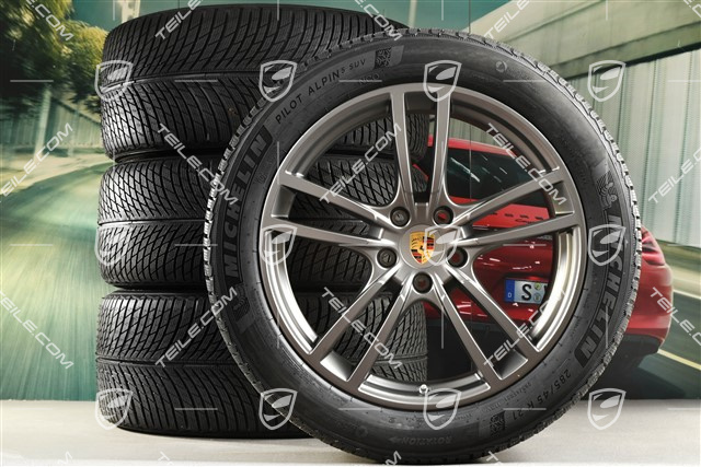 21" koła zimowe Cayenne Turbo, komplet, felgi 9,5J x 21 ET46 + 11,0J x 21 ET58 + NOWE opony zimowe Michelin 285/45 R21 + 305/40 R21, z czujnikami ciśnienia, Platinum półmat satyna