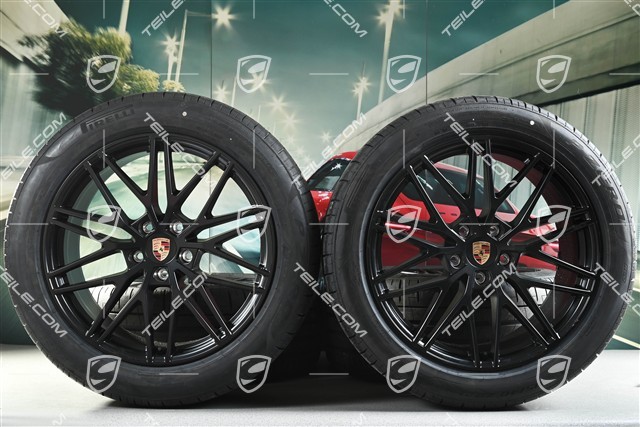 21" koła letnie Cayenne RS Spyder Design, komplet, felgi 9,5J x 21 ET46 + 11,0J x 21 ET58 + opony letnie Pirelli P Zero 285/45 R21 + 315/40 R21, z czujnikami ciśnienia, czarny satynowy półmat, DOT/rok prod. 2025, przebieg 30km