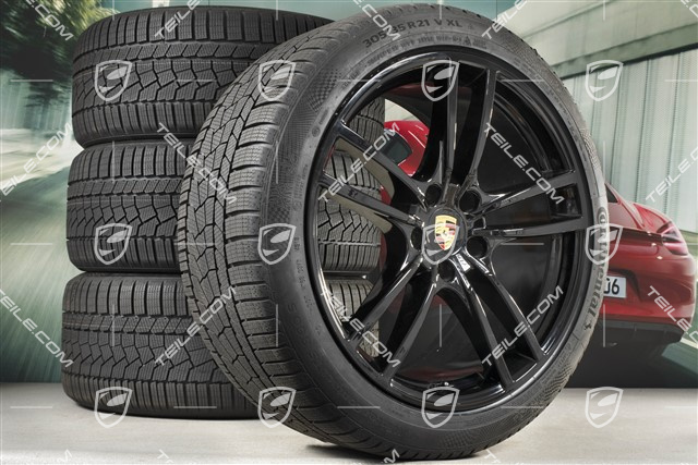 21" koła zimowe Cayenne Turbo, komplet, felgi 9,5J x 21 ET46 + 11,0J x 21 ET58 + opony zimowe Continental 275/40 R21 + 305/35 R21, z czujnikami ciśnienia, czarny połysk
