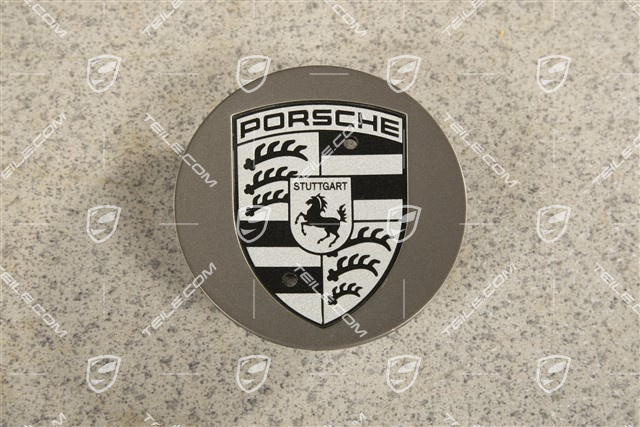 Radzierdeckel, konkav, mit Porsche Wappen in Schwarz, Platinum Seidenmatt