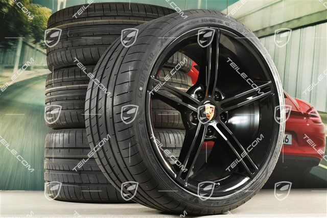21" Mission E Design Sommerräder Satz, Felgen 9,5J x 21 ET60 + 11,5J x 21 ET66 + Goodyear Sommerreifen 265/35 R21 + 305/30 R21, in Schwarz Hochglanz