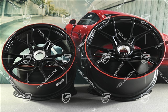 20"+21" GT3 Felgen Satz, 9,5J x 20 ET46 + 12J x 21 ET45, in Schwarz Seidenmatt, Rand in Rot
