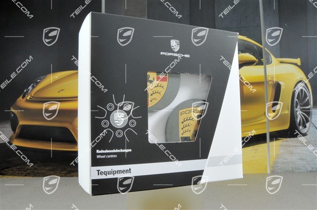 Radzierdeckel Satz (4 Stück), in Deckorsilber Titan, mit farbigem Porsche Wappen, für 20-Zoll RS Spyder Design Felgen