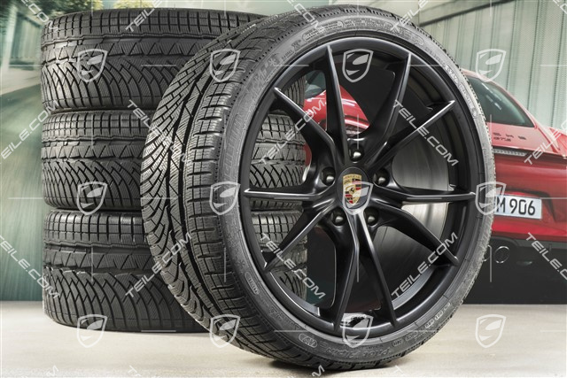 20" Carrera S winter wheels set for Cayman GT4 / Boxster Spyder, rims 8J x 20 ET57 + 10J x 20 ET45 + NEW Michelin winter tires 235/35 R20 + 275/30 R20, black (satin matt), with TPMS