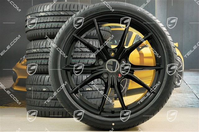 20-inch Carrera S (IV) summer wheels set, rims 8,5 J x 20 ET49 + 11,5 J x 20 ET76 + Pirelli summer tires 245/35 R20 + 305/30 R20, in black (high gloss), with TPM