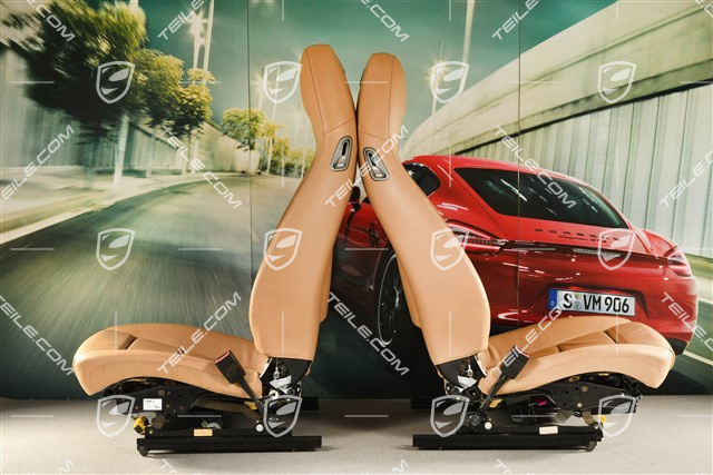 Fotele, regulowany elektrycznie, 14-way, lędźwia, wentylacja, skóra, beżowe, z herbem, L+R