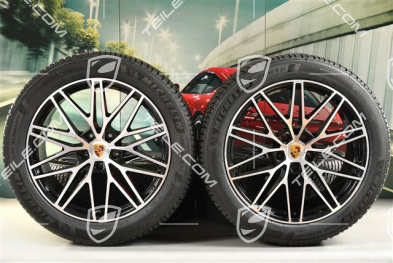 21" Cayenne "RS Spyder Design" Winterräder Satz, Felgen 9,5J x 21 ET46 + 11,0J x 21 ET49 + Michelin Pilot Alpin 5 SUV Winterreifen 285/45 R21 + 305/40 R21, mit RDK-Sensoren, schwarz hochglanz mit glanzgedrehten Stirnflächen