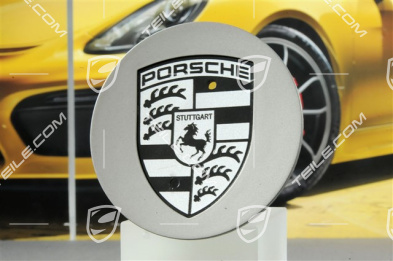 Hub cap, concave, crest black-white, platinum satin-matt