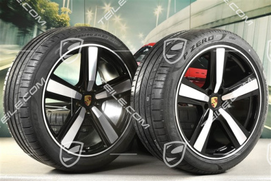 22" Koła letnie, komplet, Cayenne Exclusive Design Sport, felgi 10J x 22 ET48 +11,5J x 22 ET61 + NOWE opony letnie Pirelli 285/40 R22 + 315/35 R22, czarny wysoki połysk