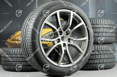 21" Cayenne COUPE Exclusive Design Sommerräder Satz, Felgen 9,5J x 21 ET46 + 11,0J x 21 ET49 + Pirelli Sommerreifen 285/40 R21 + 315/35 R21, Platinum Seidenmatt, mit RDK-Sensoren